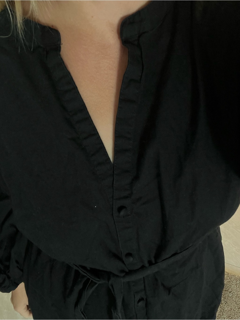 H&M A line Black Linen Button-Front Tie-Waist Dress with Embroidery - Picture 6 of 6